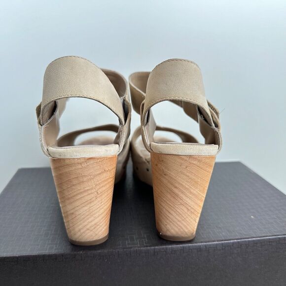 Eileen Fisher Beige Suede Wood Platform Cutout Wedge Stud Peeptoe Sandals US 6 - Picture 4 of 6